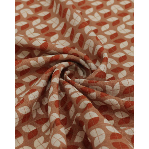 Tecido Viscose Texturizada Folhas Abstratas Terracota, Creme e Bege