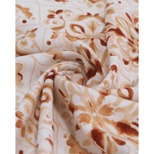 Tecido Viscose Texturizada Flores Contornadas Tons de Cobre e Offwhite