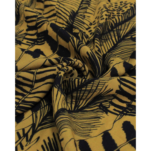 Tecido Crepe de Viscose Premium Listras em Folhagens Abstratas Preto e Amarelo Queimado