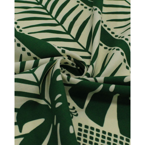 Tecido Viscose Premium Barrado Floral Tropical Creme e Verde