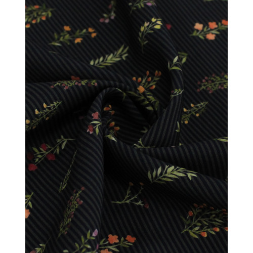 Tecido Viscose Premium Ramos Florais Coloridos em Listras Cinza e Preto