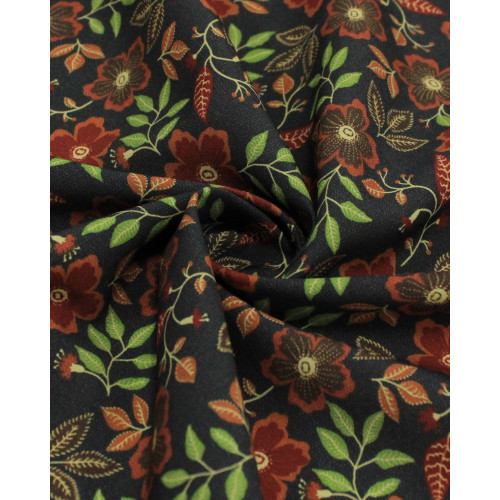 Tecido Viscose Premium Flores e Ramos Colorido e Cinza Chumbo