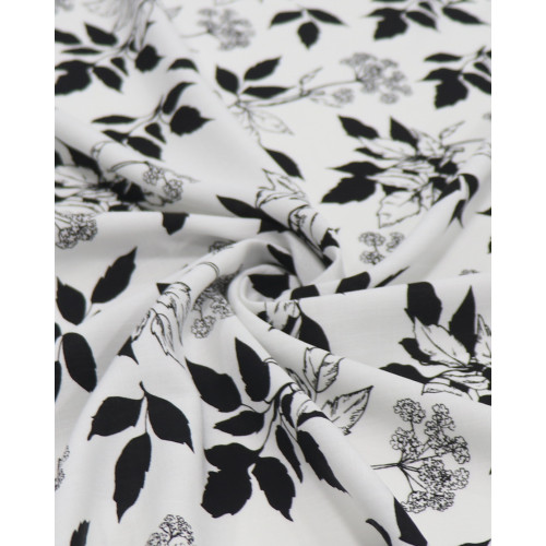 Tecido Viscose Texturizada Ramos de Folhas e Flores P/B