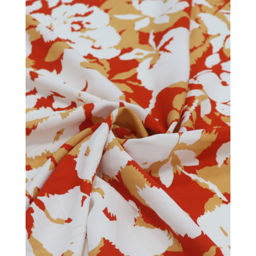 Tecido Viscose Macro Flores Branco e Tons de Laranja