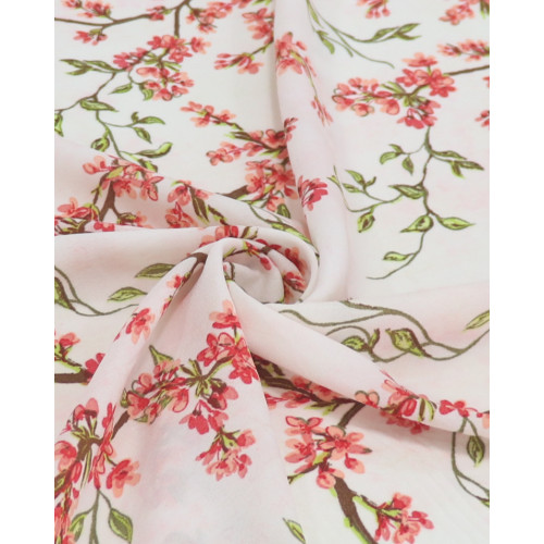 Tecido Crepe Koshibo Leve Ramos Florais Rosa e Branco (COM DETALHES)