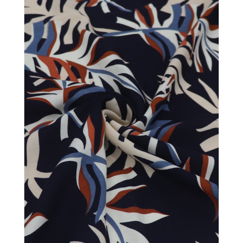Tecido Viscose Macro Folhagem Marrom, Creme e Tons de Azul (COM DETALHES)