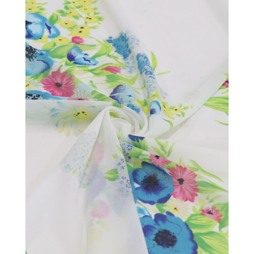 Tecido Crepe Chiffon Macro Buquê Floral Colorido e Branco (COM DETALHES)