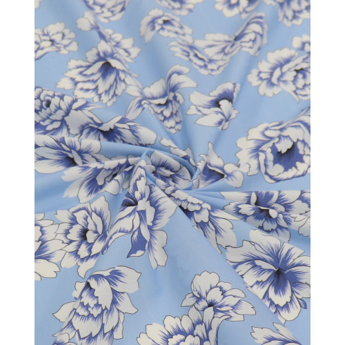 Tecido Tricoline Italiano Flor de Lótus Branco e Tons de Azul (COM DETALHES)