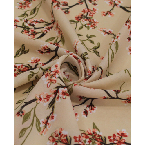Tecido Crepe Koshibo Leve Ramos Florais Colorido e Bege