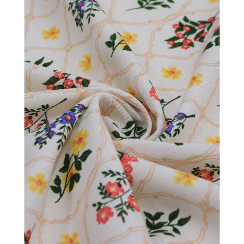 Tecido Linho Misto Estampado Multi Floral Contornado Colorido e Bege
