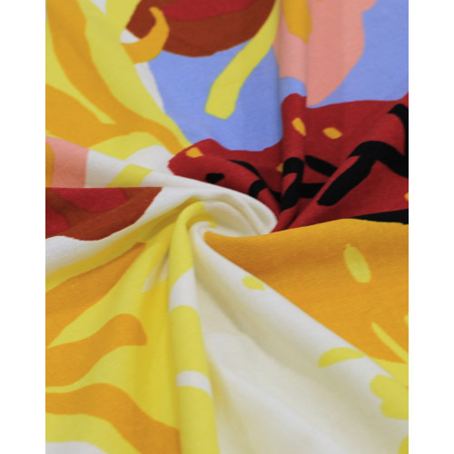 Tecido Linho Misto Estampado Macro Folhas Abstratas Tons Quentes