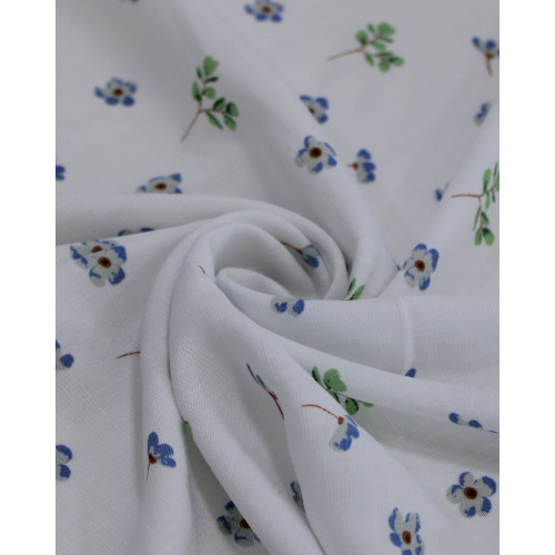 Tecido Viscose Texturizada Micro Ramos e Flores Verde, Azul e Branco