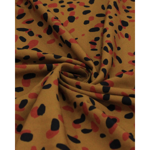 Tecido Viscose Premium Pingos Sobrepostos Preto, Vermelho e Caramelo