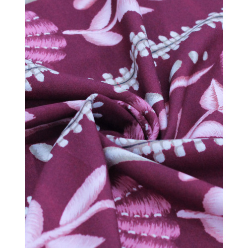 Tecido Viscose Premium Ramos Florais em Listras Bege e Tons de Roxo