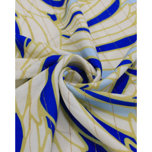 Tecido Viscose Premium Pétalas Cruvas Com Lurex Tons de Azul, Amarelo e Creme