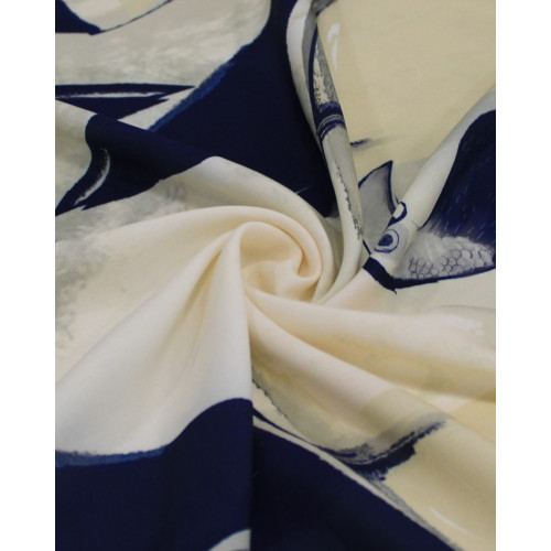 Tecido Viscose Premium Tucanos e Formas Abstratas Azul e Creme