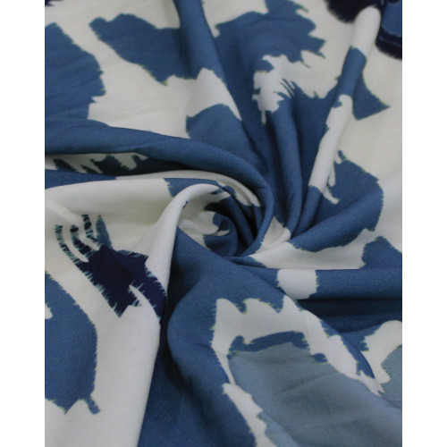 Tecido Viscose Premium Barrado Arte Abstrata Tons de Azul e Offwhite