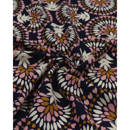 Tecido Viscose Arco de Folhas Creme, Rosa e Azul Marinho Noite