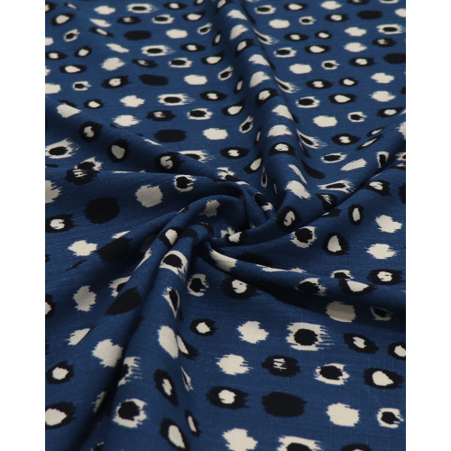 Tecido Viscose Texturizada Pontos Geométricos Offwhite, Preto e Azul Petróleo