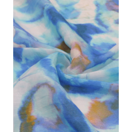 Tecido Viscose Acetinada Italiano Macro Flores Abstratas Tons de Azul