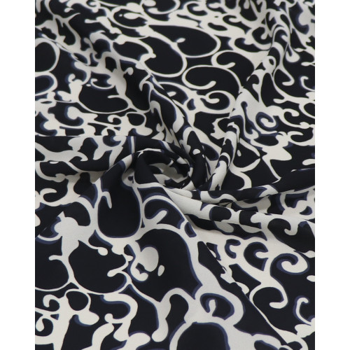Tecido Crepe de Viscose Italiano Ondas Abstratas Preto e Creme