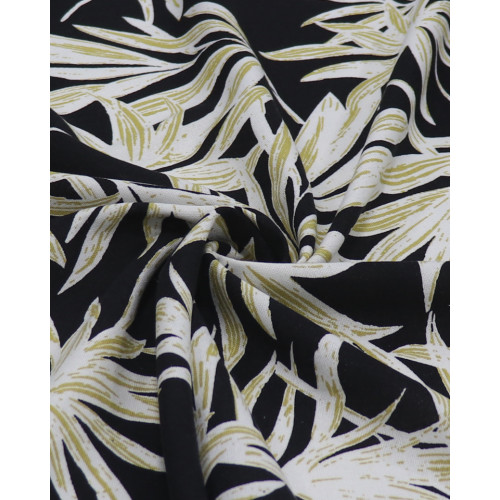 Tecido Linho Misto Macro Ramos Dourado, Branco e Preto