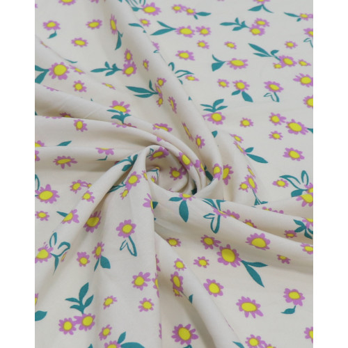 Tecido Viscose Tapete Floral Amarelo, Lilás e Pêssego