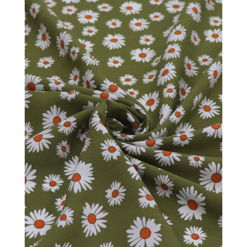 Tecido Viscose Multi Margaridas Branco e Verde Oliva
