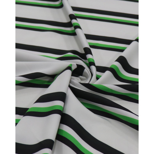 Tecido Crepe Silk Italiano Listras Diagonais Verde, Preto e Branco