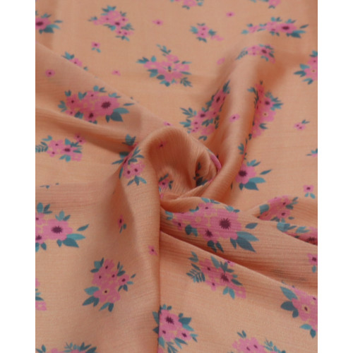 Tecido Crepe Chiffon Italiano Texturizado Buquê Floral Rosa, Verde e Laranja