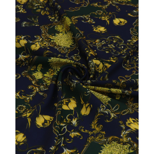 Tecido Crepe Silk Italiano Floral Boho Verde, Amarelo e Azul Marinho