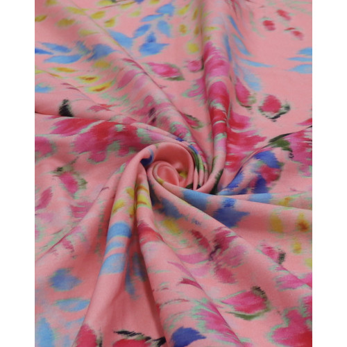 Tecido Crepe Silk Italiano Pintura Floral Abstrata Colorida e Rosa