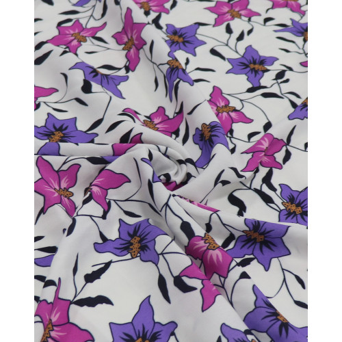 Tecido Crepe Koshibo Leve Italiano Ramos Florais Rosa, Lilás e Branco