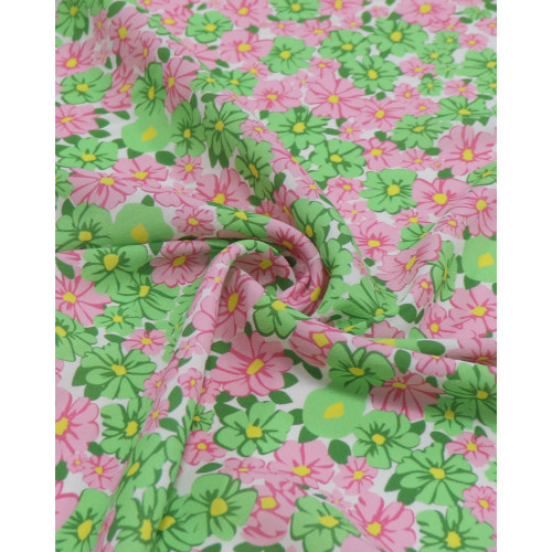 Tecido Crepe de Viscose Italiano Tapete Floral Verde, Rosa e Branco