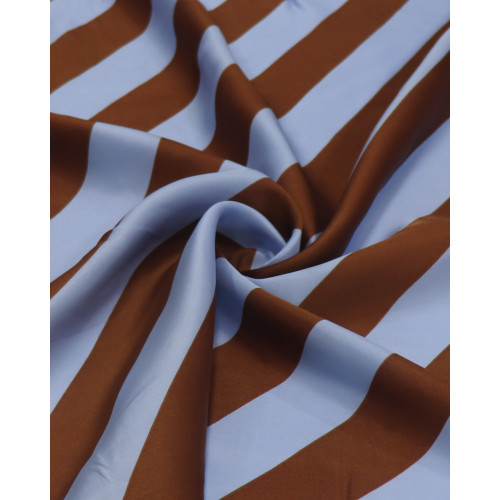 Tecido Viscose Acetinada Italiano Listras Diagonais Marrom e Azul Celeste