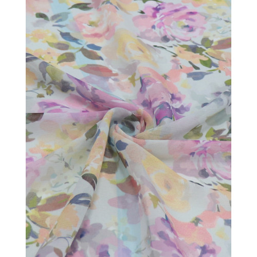 Tecido Crepe Chiffon Italiano Monet Floral e Listras Verticais Colorido e Tons de Azul