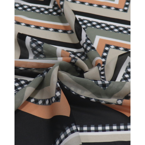 Tecido Crepe Chiffon Italiano Barrado e Chevron Laranja, Bege e Preto