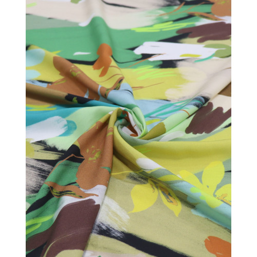 Tecido Viscose Italiano Pintura Floral Abstrata Tons Terrosos