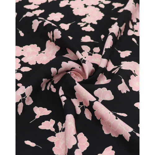 Tecido Crepe Acetinado Italiano Brocado Flor de Cerejeira Rosa e Preto