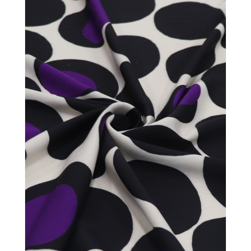 Tecido Viscose Acetinada Italiano Macro Poá Roxo, Preto e Creme