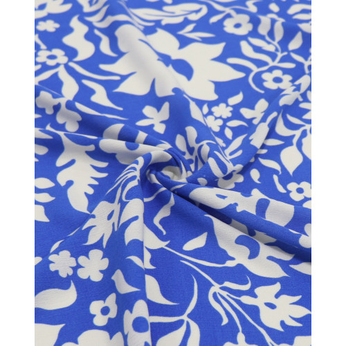 Tecido Crepe de Viscose Italiano Floral Azul e Offwhite