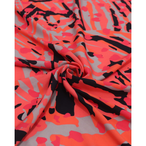 Tecido Viscose Italiano Estampa Abstrata Preto, Cinza e Coral