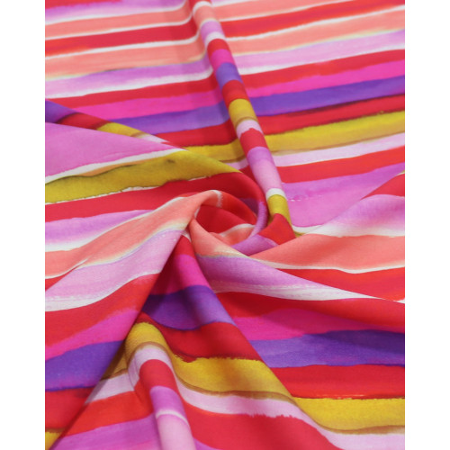 Tecido Viscose Italiano Listras em Aquarela Amarelo, Vermelho e Tons de Rosa