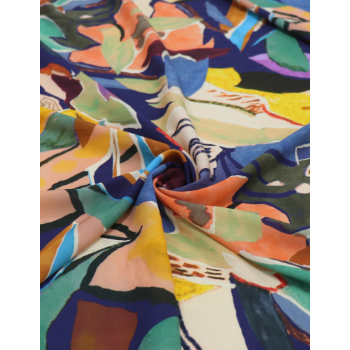 Tecido Viscose Fina Italiano Folhagem Abstrata Colorido