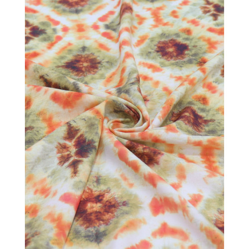 Tecido Viscose Italiano Estampa Tie Dye Verde, Laranja e Offwhite