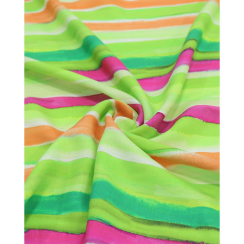 Tecido Viscose Italiano Listras em Aquarela Rosa, Coral e Tons de Verde