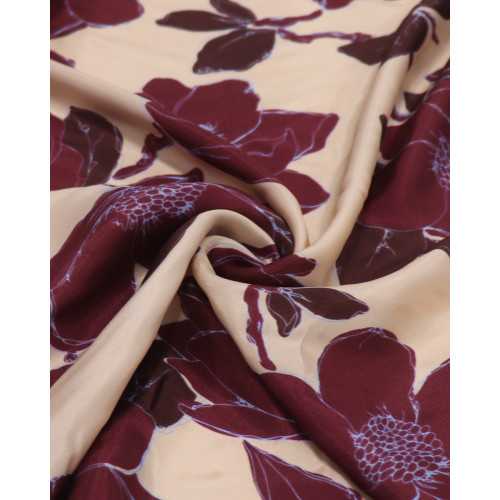 Tecido Crepe Silk Italiano Macro Floral Azul, Borgonha e Pêssego