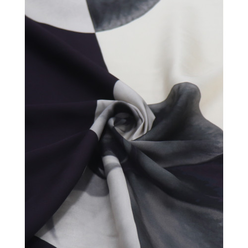 Tecido Viscose Acetinada Italiano Barrado Vertical e Macro Flores Violeta e Creme