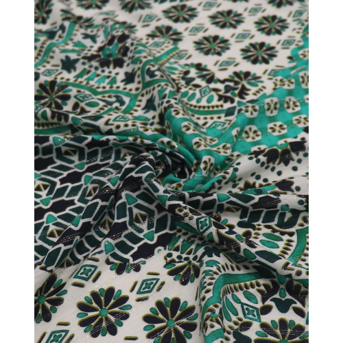 Tecido Viscose Italiano com Lurex Multi Estampado Preto e Tons de Verde