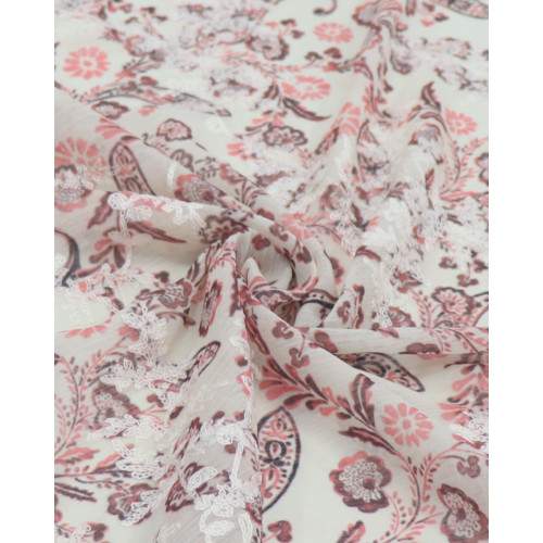 Tecido Crepe Chiffon Italiano Texturizado e Bordado Ramos em Cashmere Vermelho e Creme